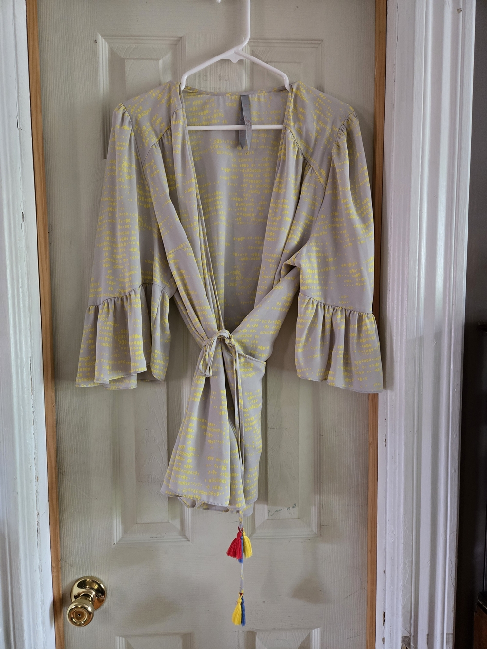 Melissa McCarthy Seven7 Cream Wrap Top with Yellow Print